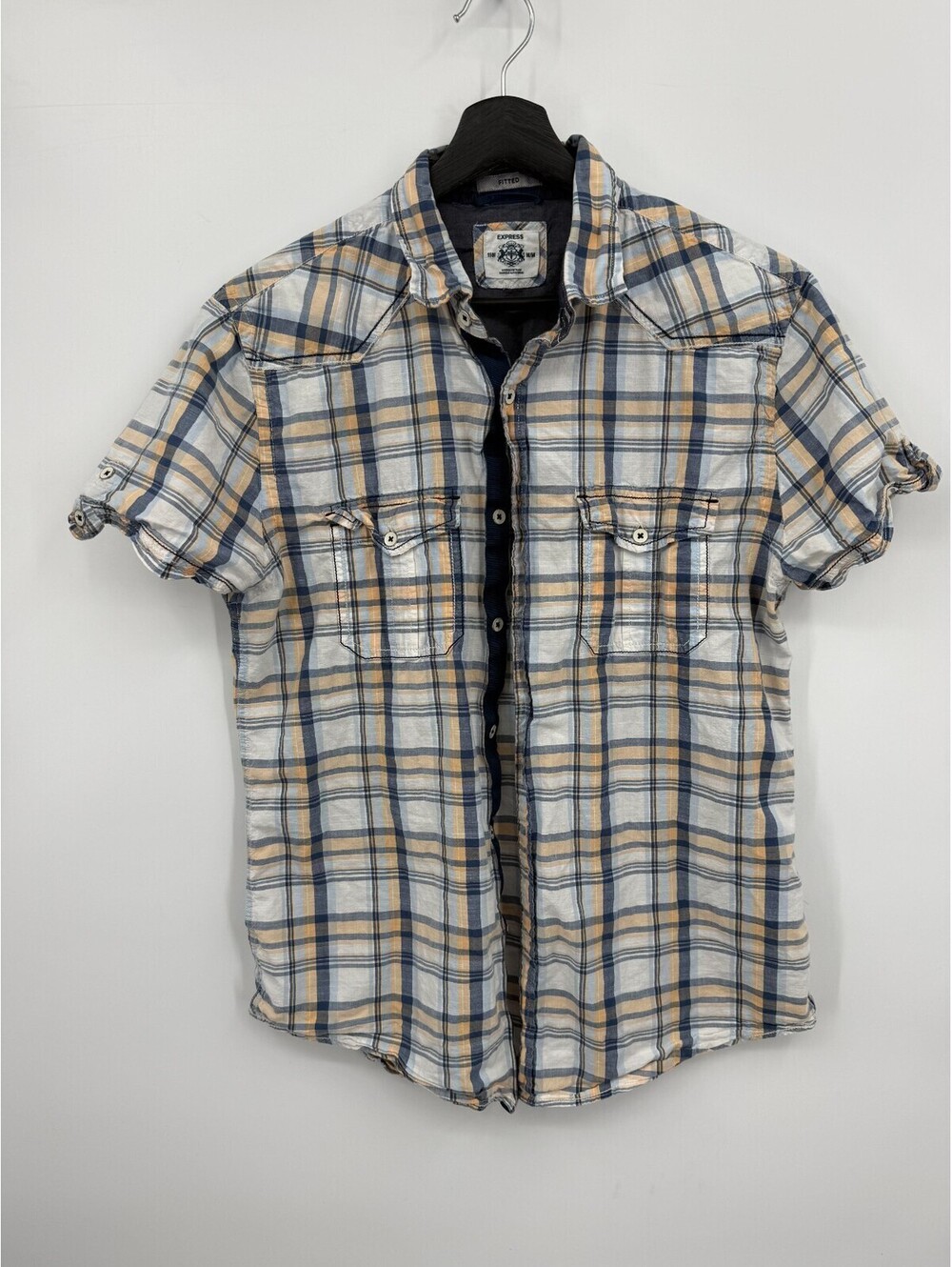 Express Mens Button Down Shirt Multi Plaid Western Fitted Short Sleeve Medium